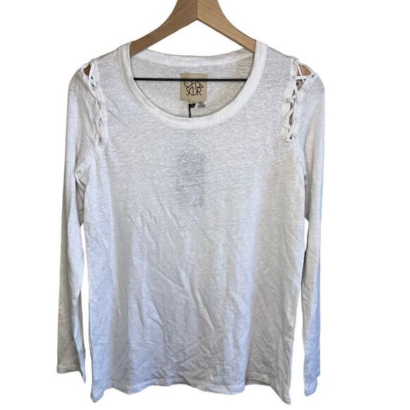 Chaser Women's Lace Up Shoulder Long Sleeve Round Neck Top White Size Medium NWT - Picture 1 of 9